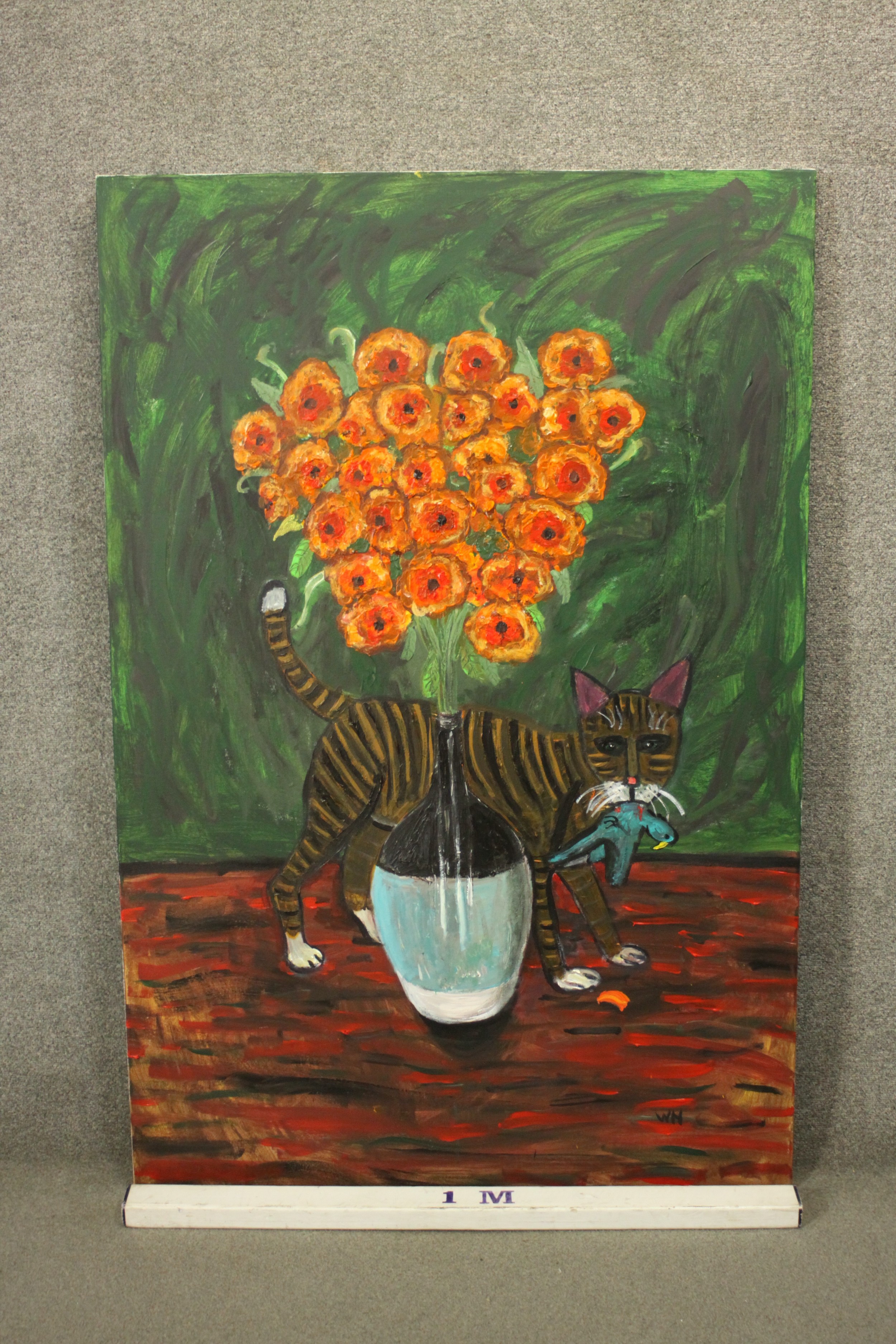 Wolf Howard, acrylic on canvas, still life of a cat with a bird in its mouth in front of a vase of - Image 2 of 8