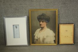 An oleograph of a Victorian lady along with a framed grass flower head and empty frame. H.63 W.46cm.