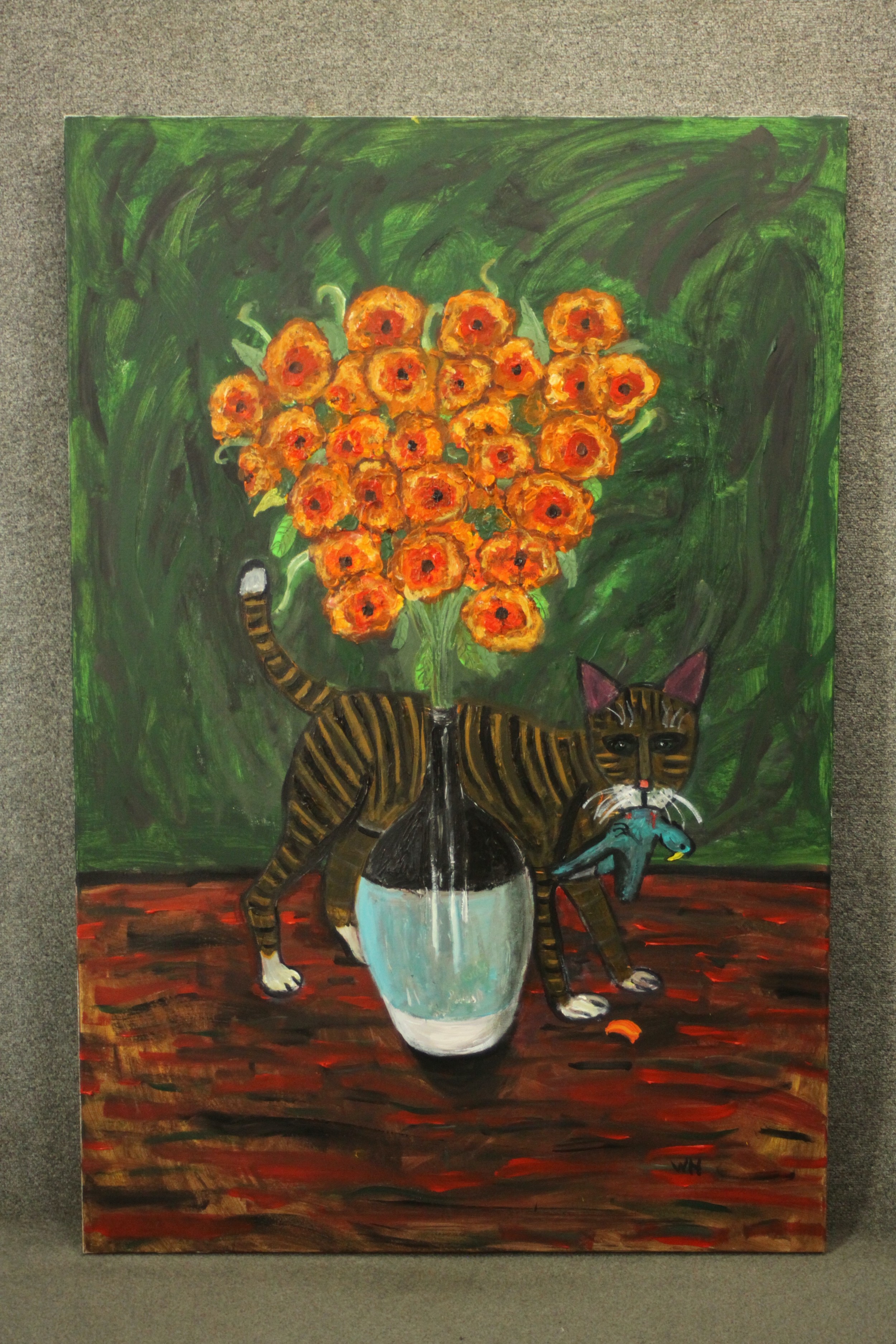 Wolf Howard, acrylic on canvas, still life of a cat with a bird in its mouth in front of a vase of