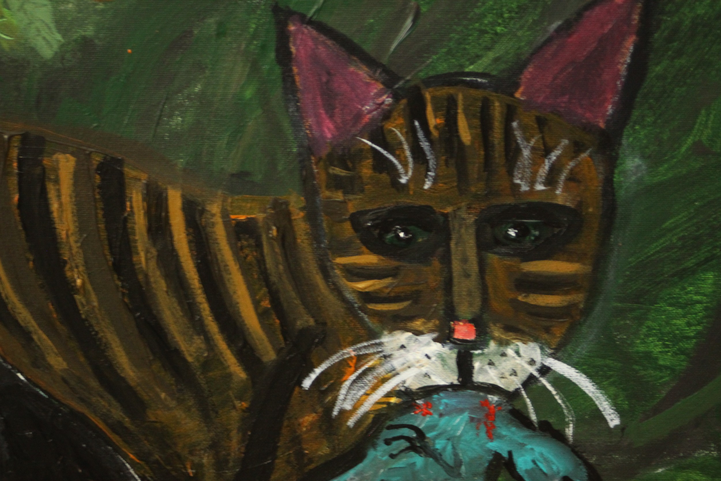 Wolf Howard, acrylic on canvas, still life of a cat with a bird in its mouth in front of a vase of - Image 5 of 8