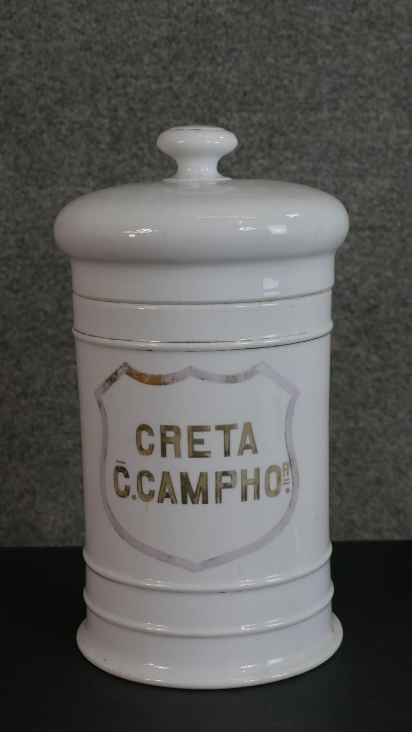 Two large 19th century white ceramic lidded apothecary jars, gilded Latin lettering with a shield - Image 3 of 4