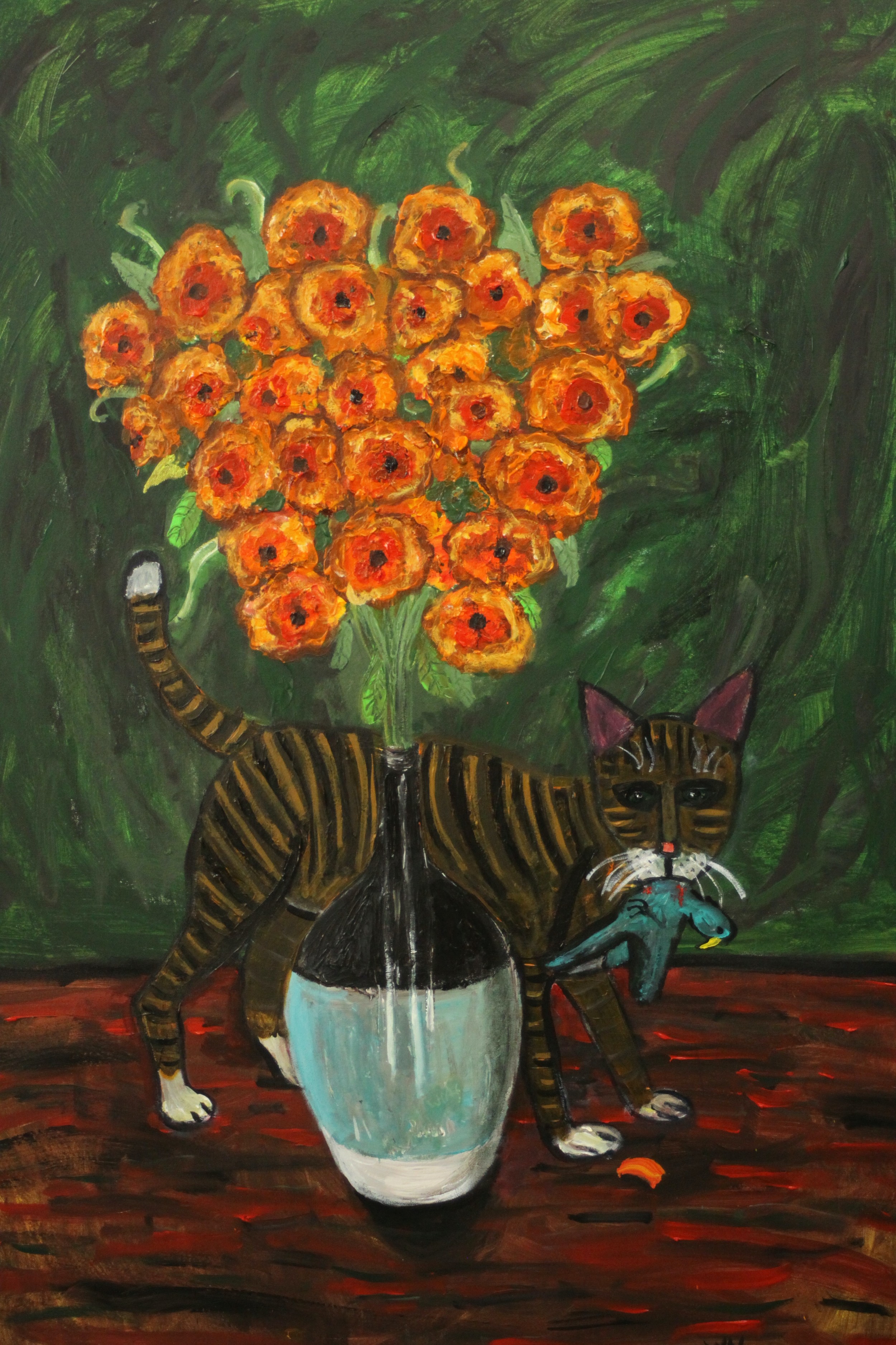 Wolf Howard, acrylic on canvas, still life of a cat with a bird in its mouth in front of a vase of - Image 3 of 8
