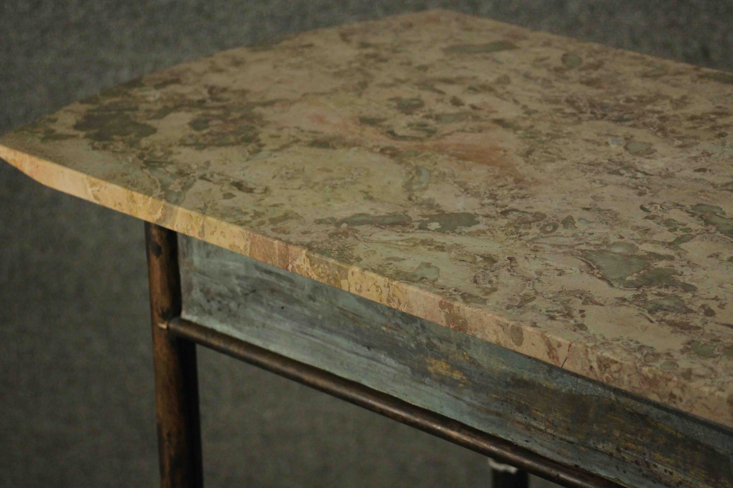 A continental side table. with a marble top, on a bronze base with cylindrical legs joined by - Image 6 of 6