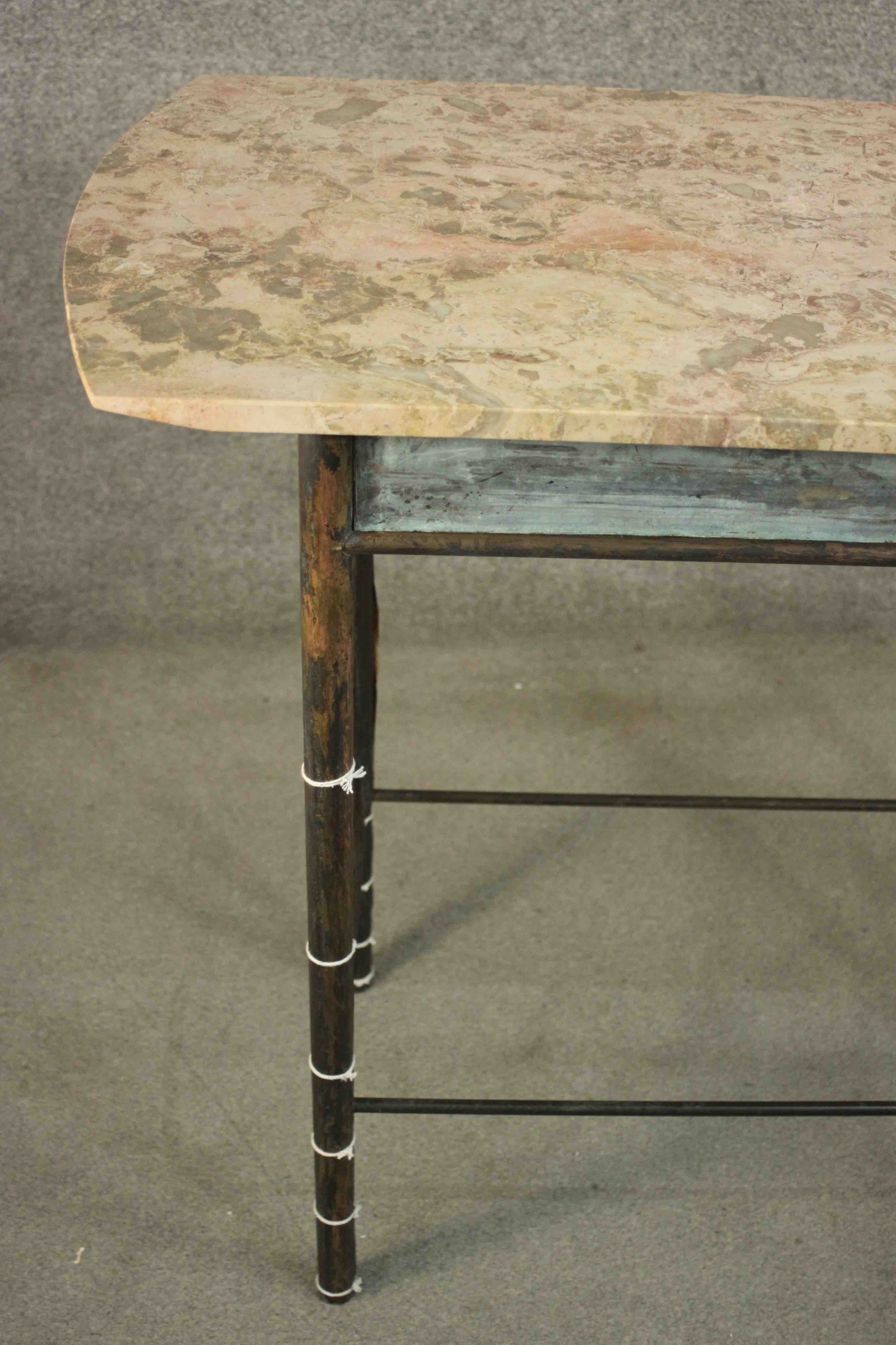 A continental side table. with a marble top, on a bronze base with cylindrical legs joined by - Image 4 of 6