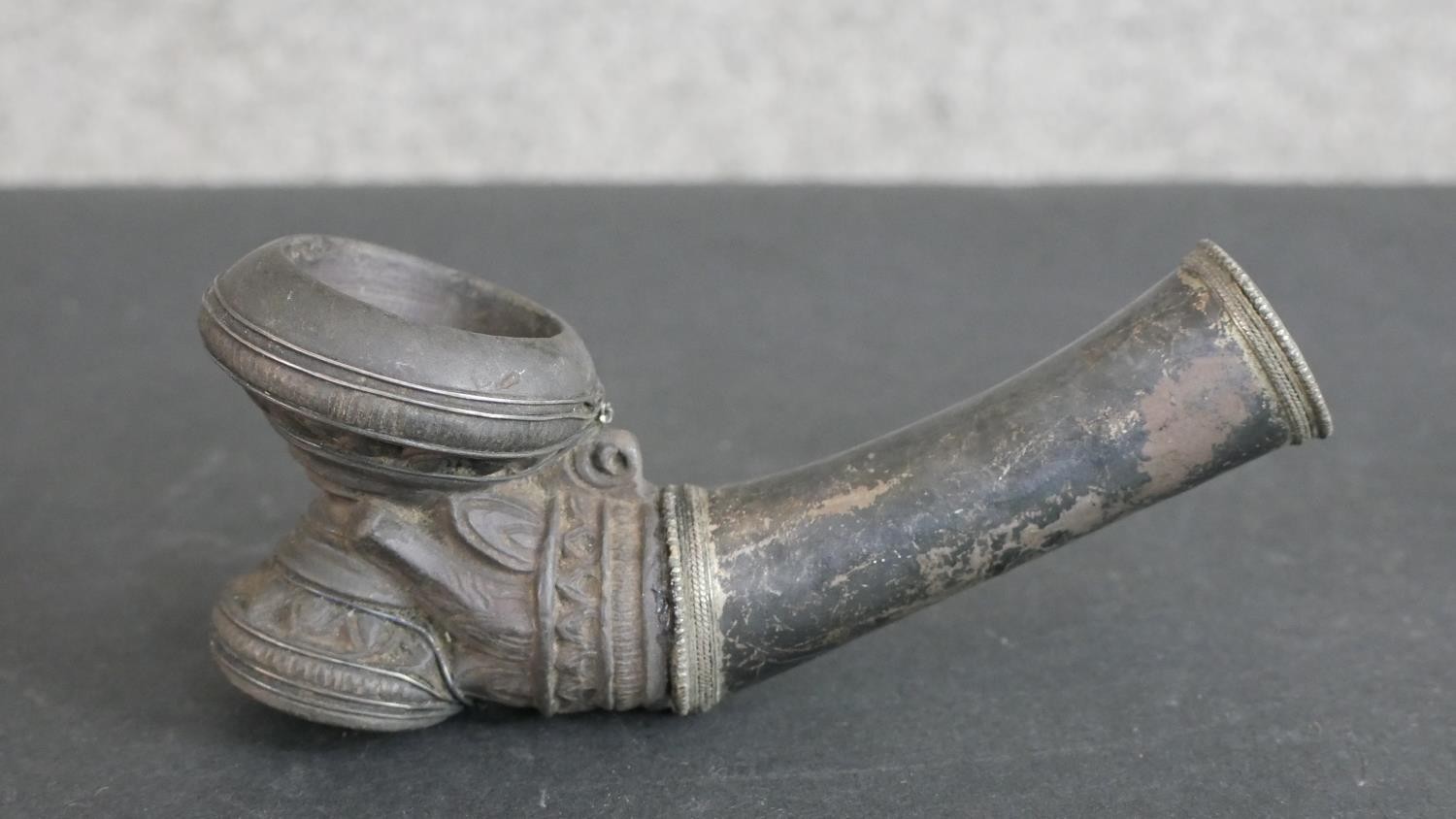 Two 19th century Burmese white metal (tests as silver) smoking pipe bowls. H.9 W.16 D.5cm (largest) - Image 2 of 5