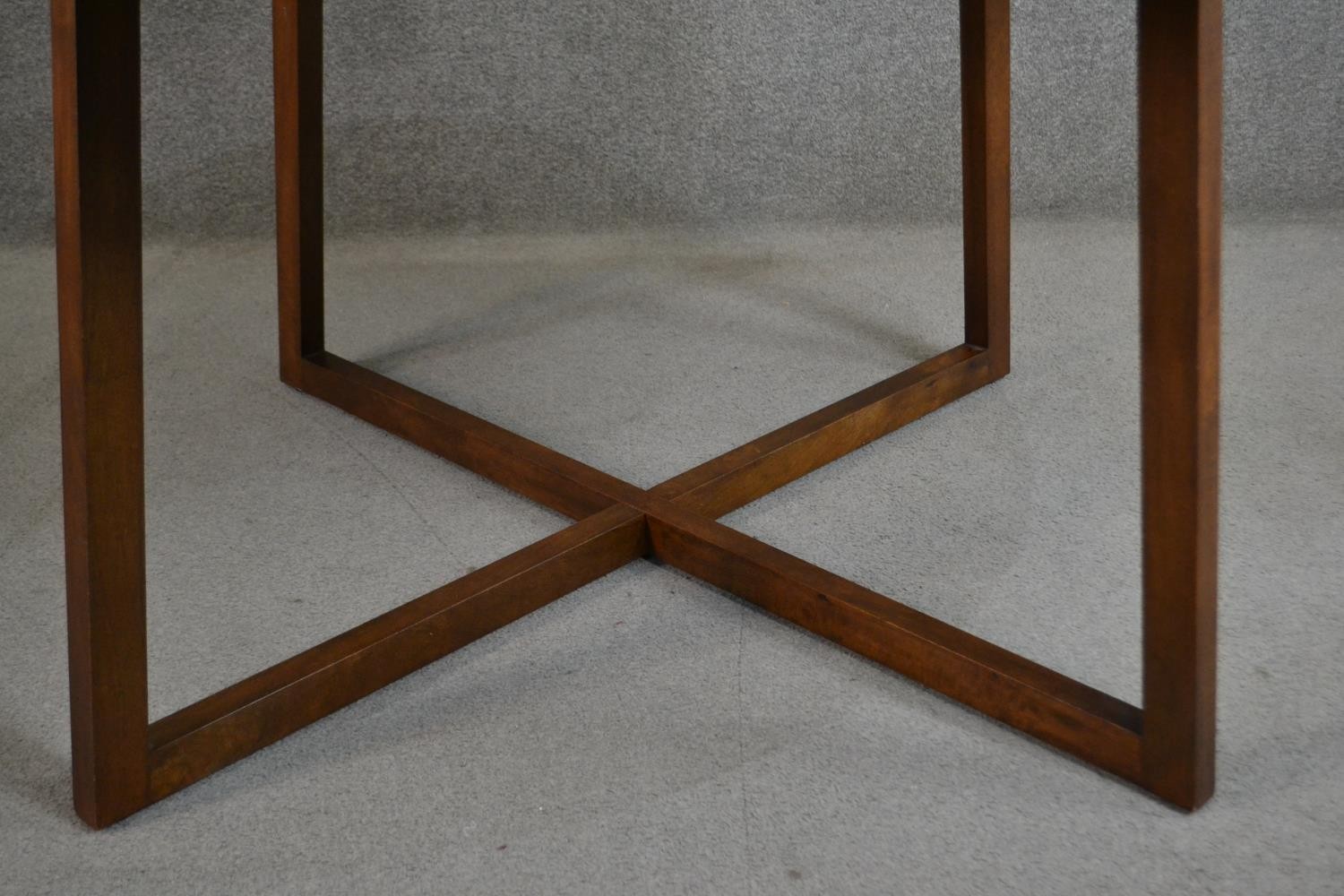 A contemporary circular hardwood dining table, the parquetry top with a blind fret edge on splayed - Image 5 of 6