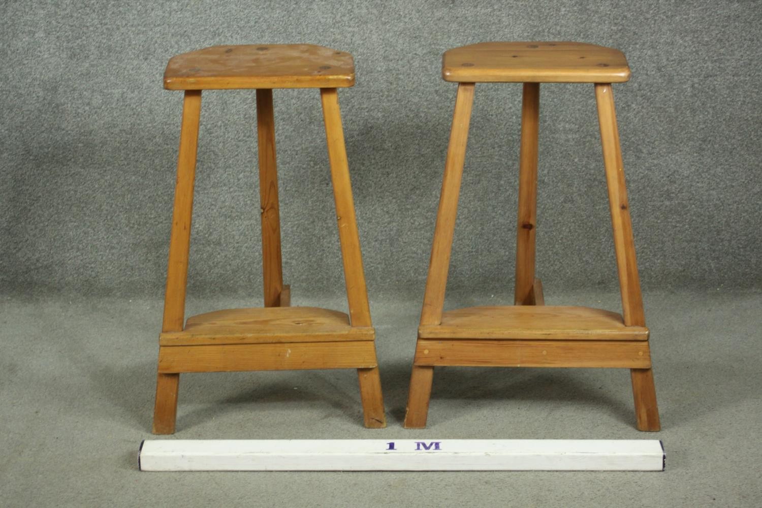 A pair of 20th century pine bar stools, the seat with two canted corners, on splayed square - Image 2 of 6