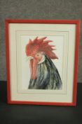 A framed and glazed watercolour of a black rooster, unsigned. H.46 W.37cm.