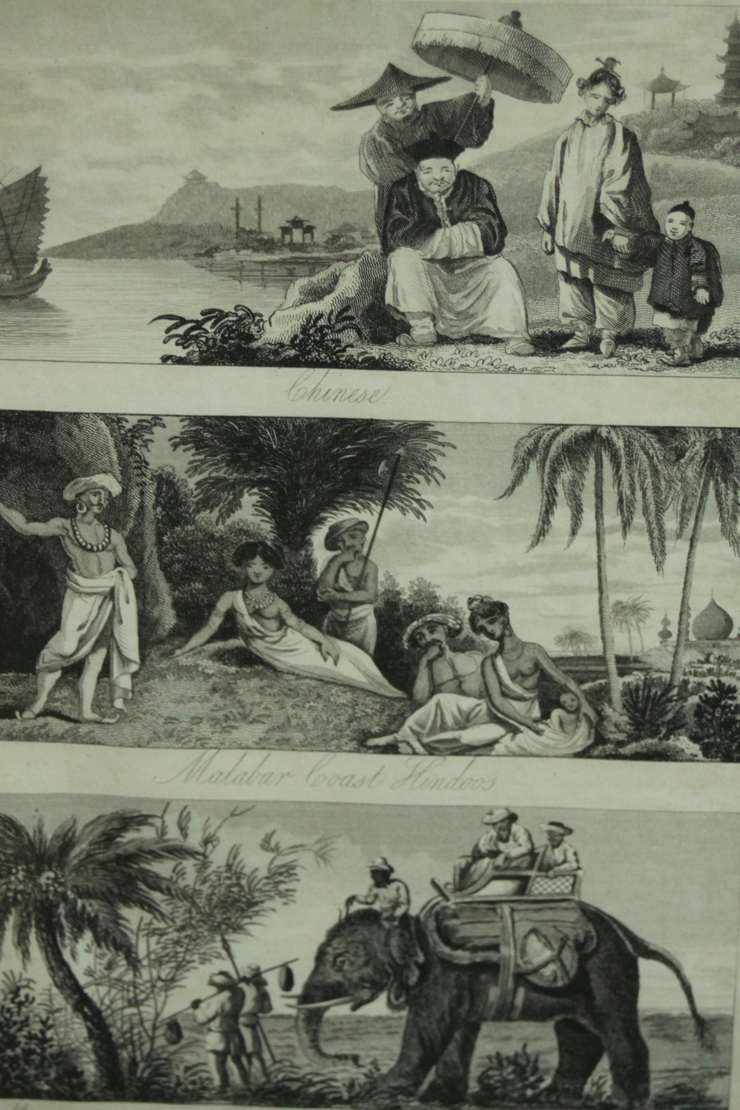 A framed and glazed 19th century engravings depicting various world costumes Chinese, Malabar - Image 4 of 6