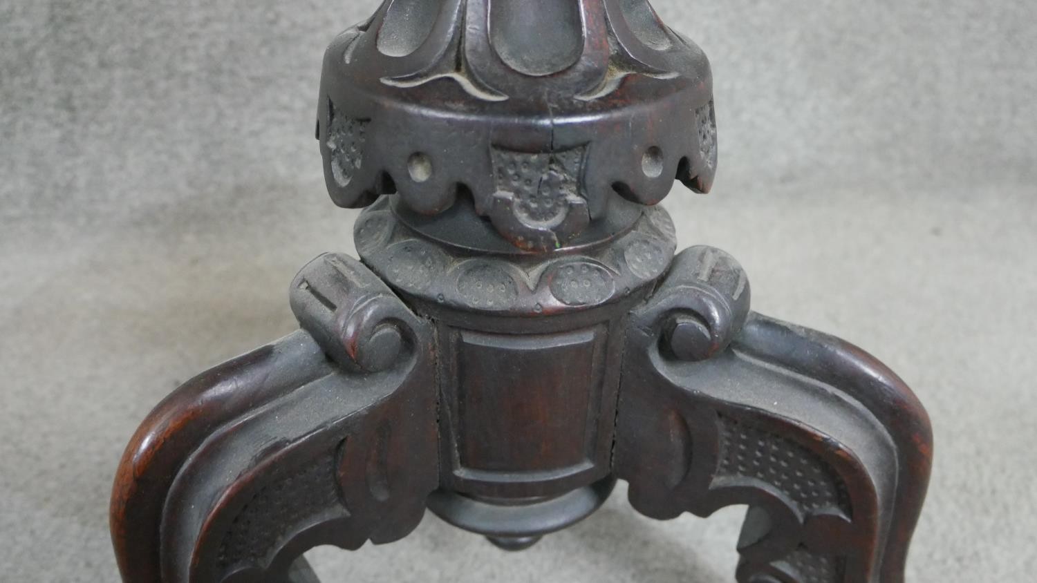 A Victorian mahogany stool, the circular seat upholstered in blue velour on a carved baluster stem - Image 4 of 4