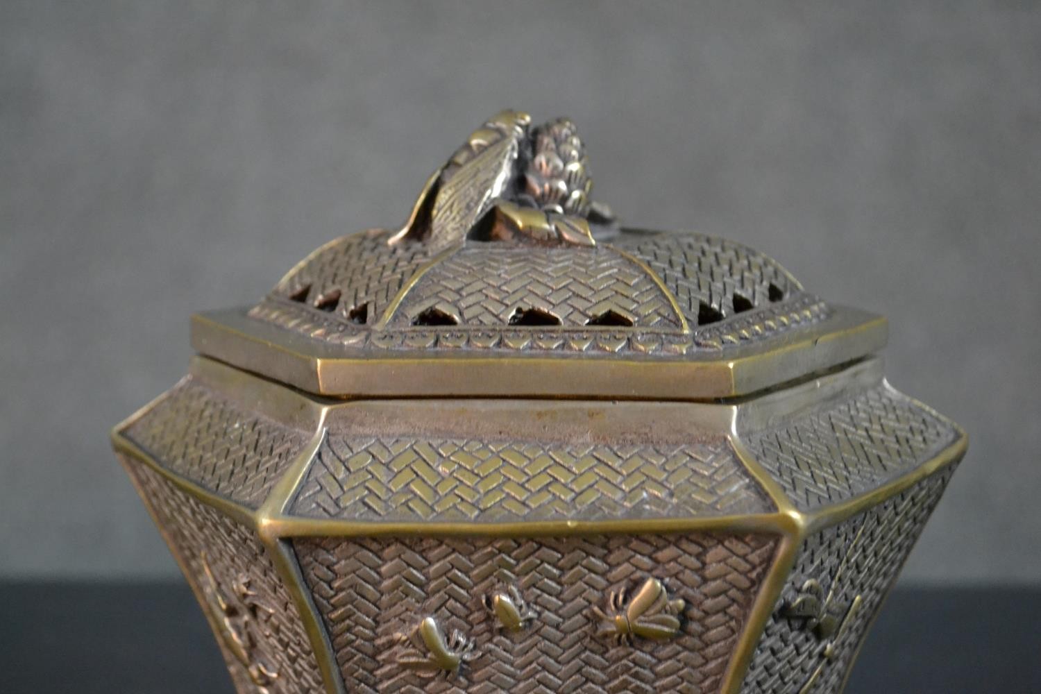 A Chinese brass woven design lidded box with relief insects and cicada finial along with an engraved - Image 7 of 10