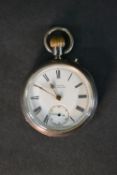 An H. Samuel gentleman's Victorian silver pocket watch with white enamel dial and black Roman