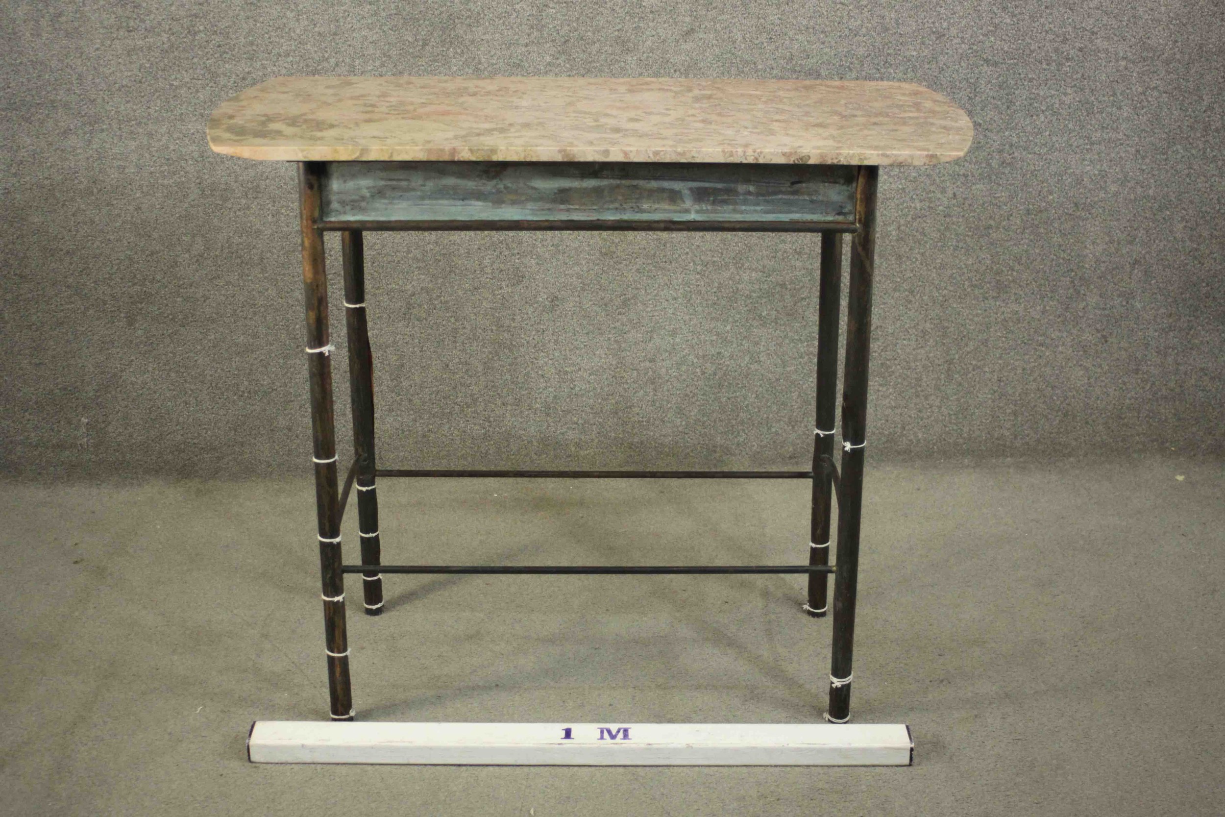 A continental side table. with a marble top, on a bronze base with cylindrical legs joined by - Image 2 of 6