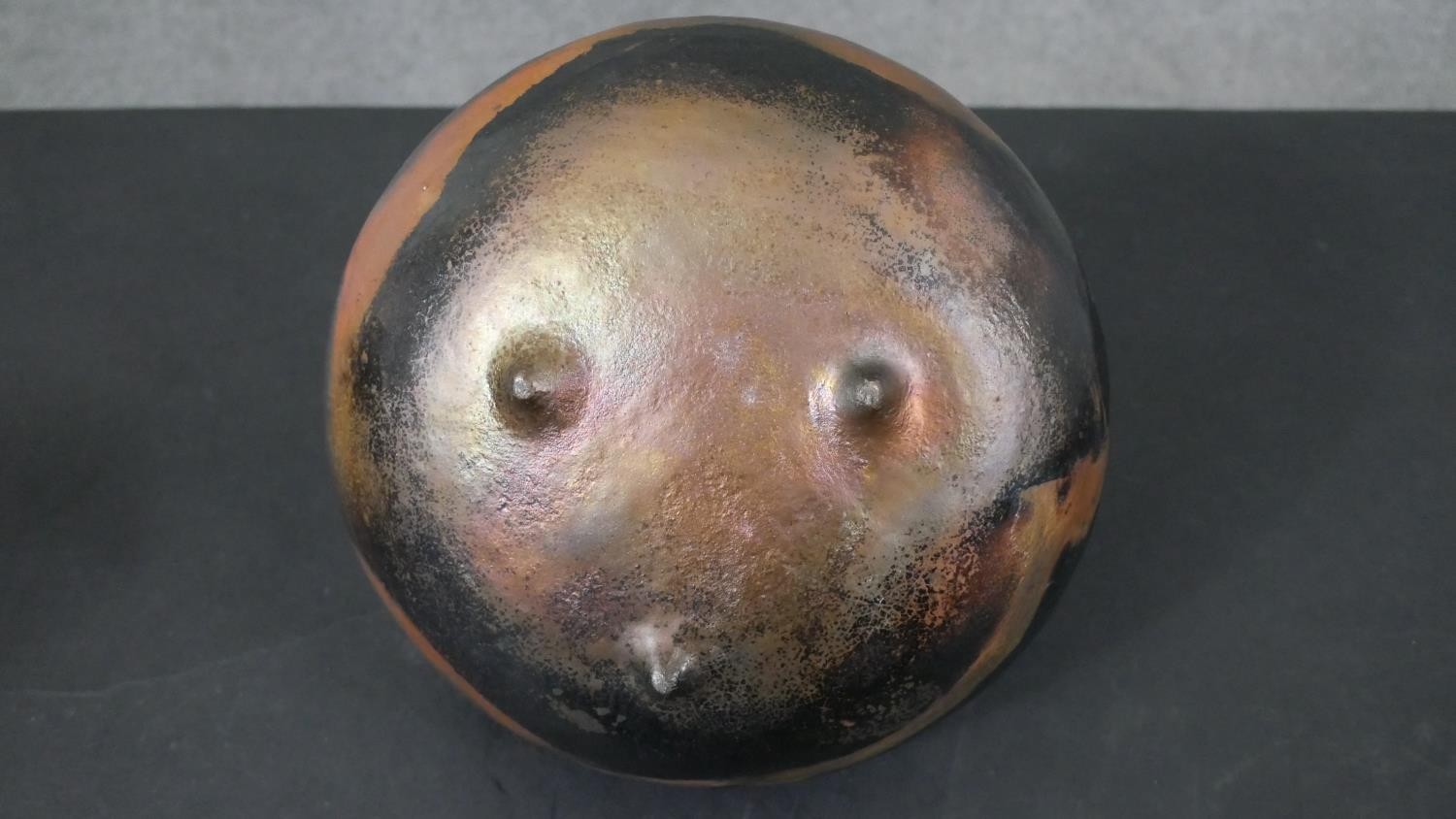 A collection of art pottery, including a gold crackle raku tea pot, a bronze glaze vase on three - Image 5 of 11