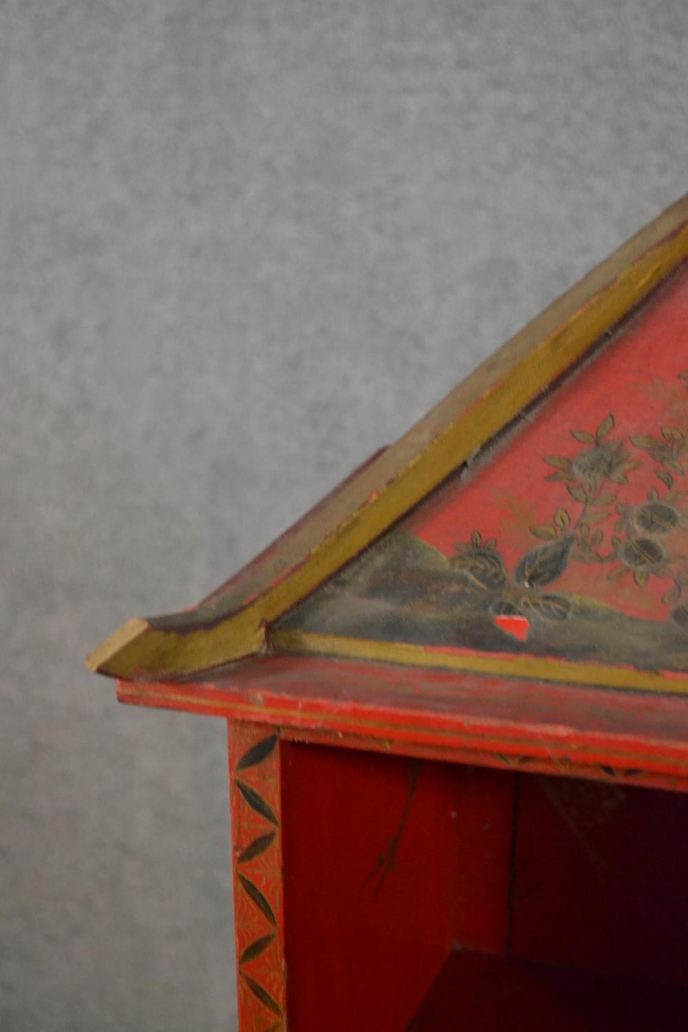 A set of circa 1920s Chinese style bookshelves, red painted with landscape designs, with a - Image 4 of 7