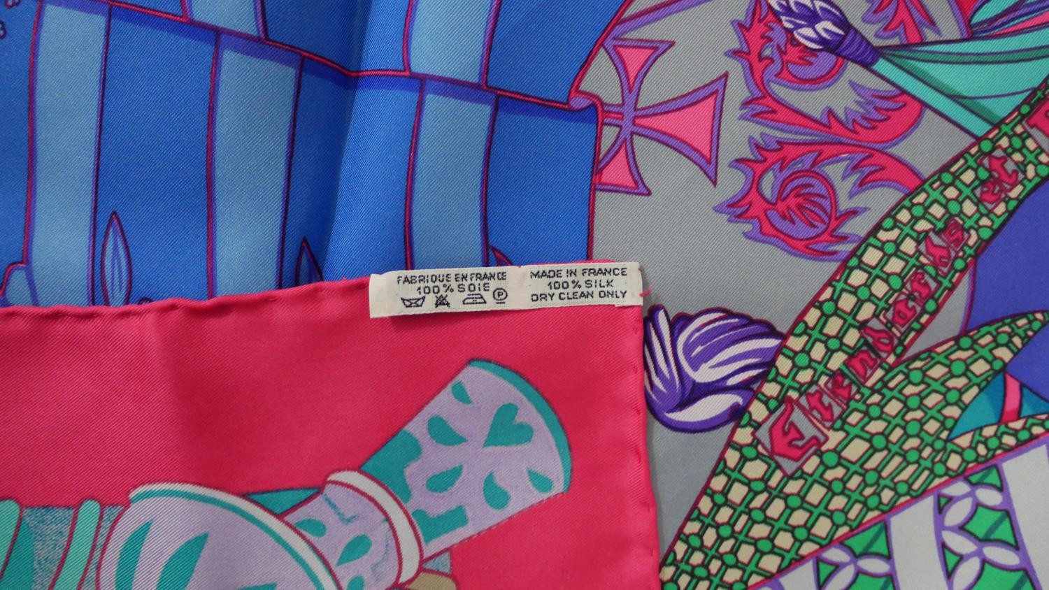 A Boxed Hermès silk scarf, pink, purple and teal 'Etendards et Bannieres', designed by Annie Faivre. - Image 5 of 5