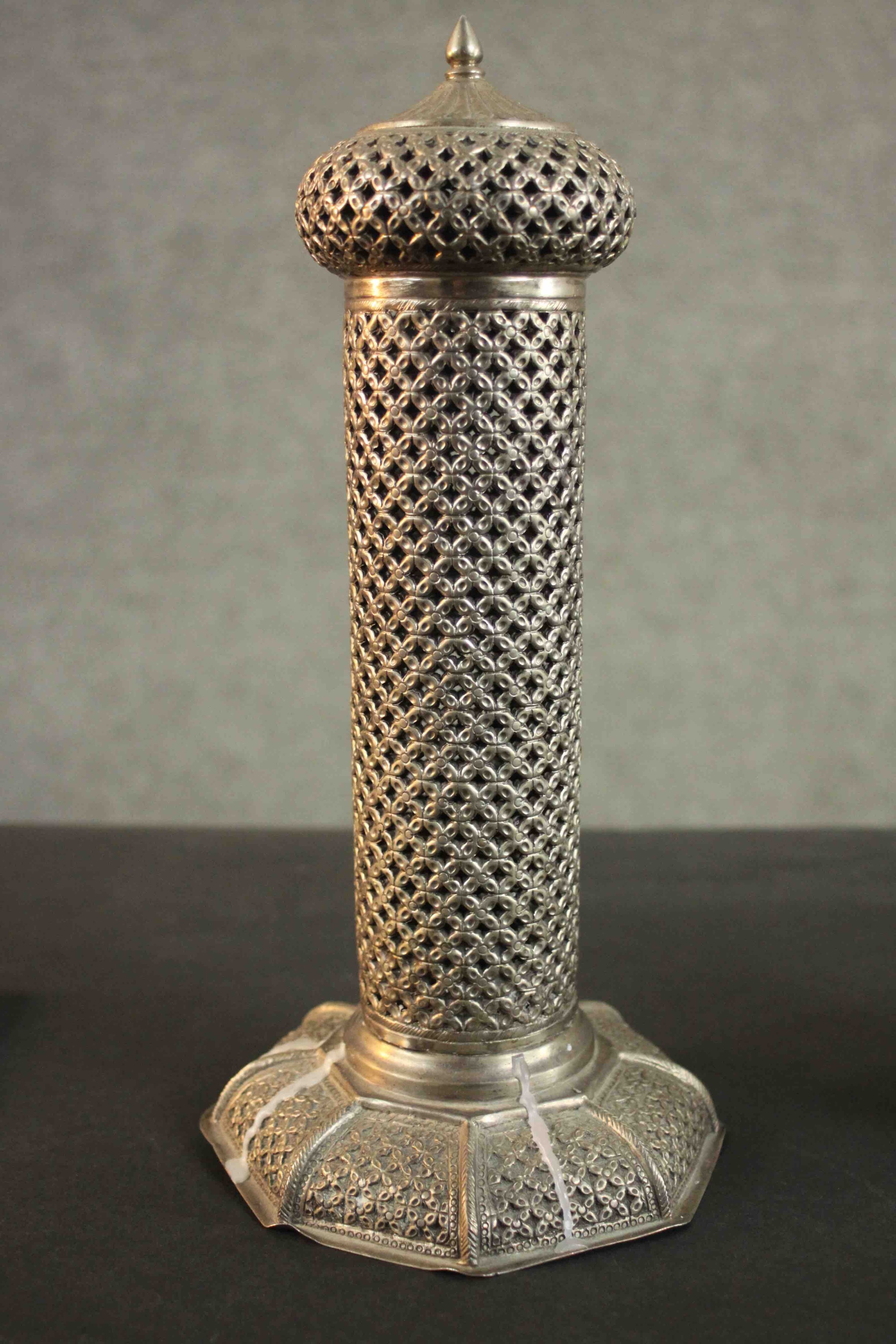 An Indian low grade silver pierced design candle holder with hexagonal base. Stamped silver (base - Image 11 of 17