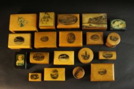 A collection of eighteen early 20th century boxes, including thirteen Mauchline ware boxes with