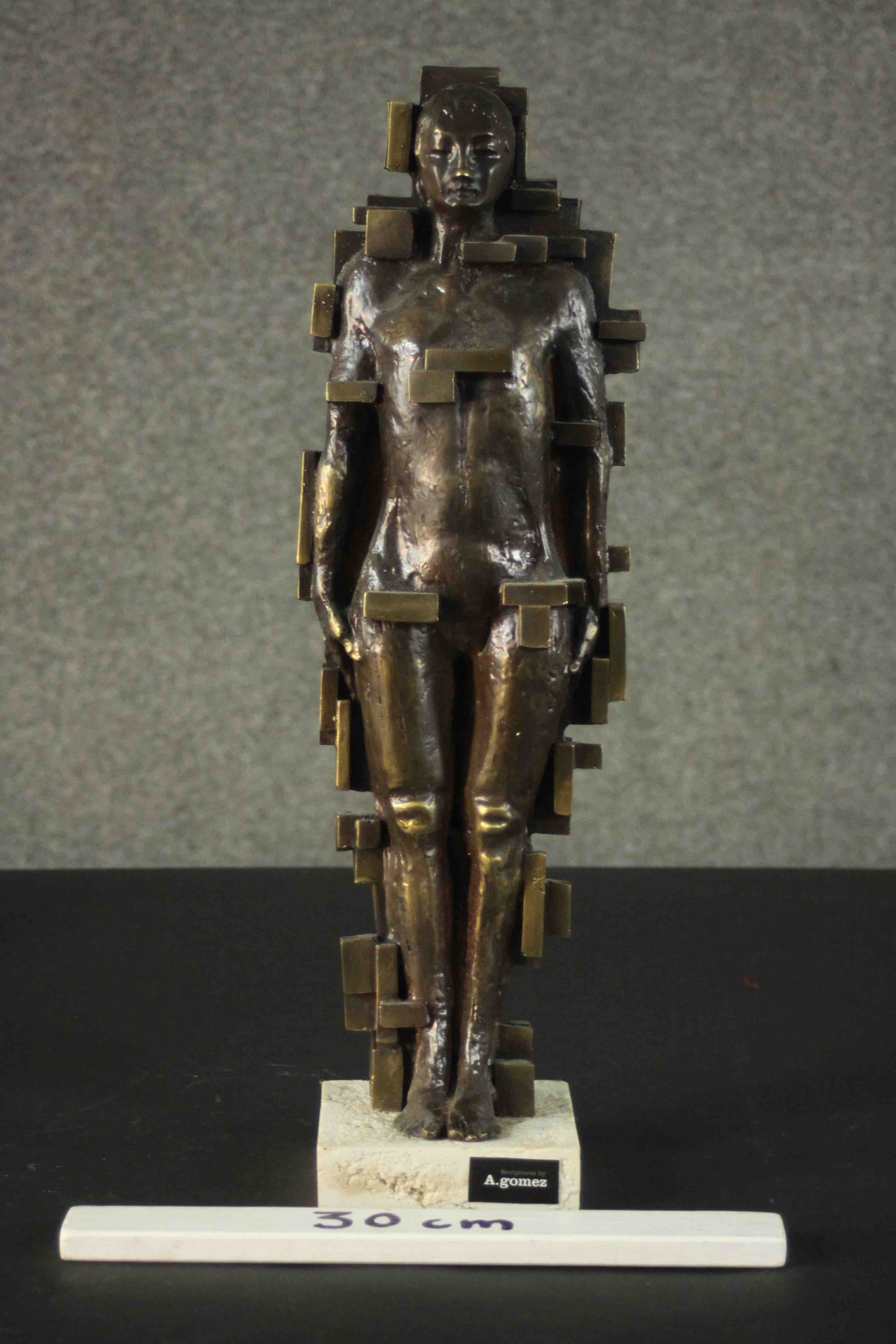 A. Gomez bronze effect brass Brutalist female figure, mounted on a marble base. H.50 W.11.5 D.11. - Image 2 of 5