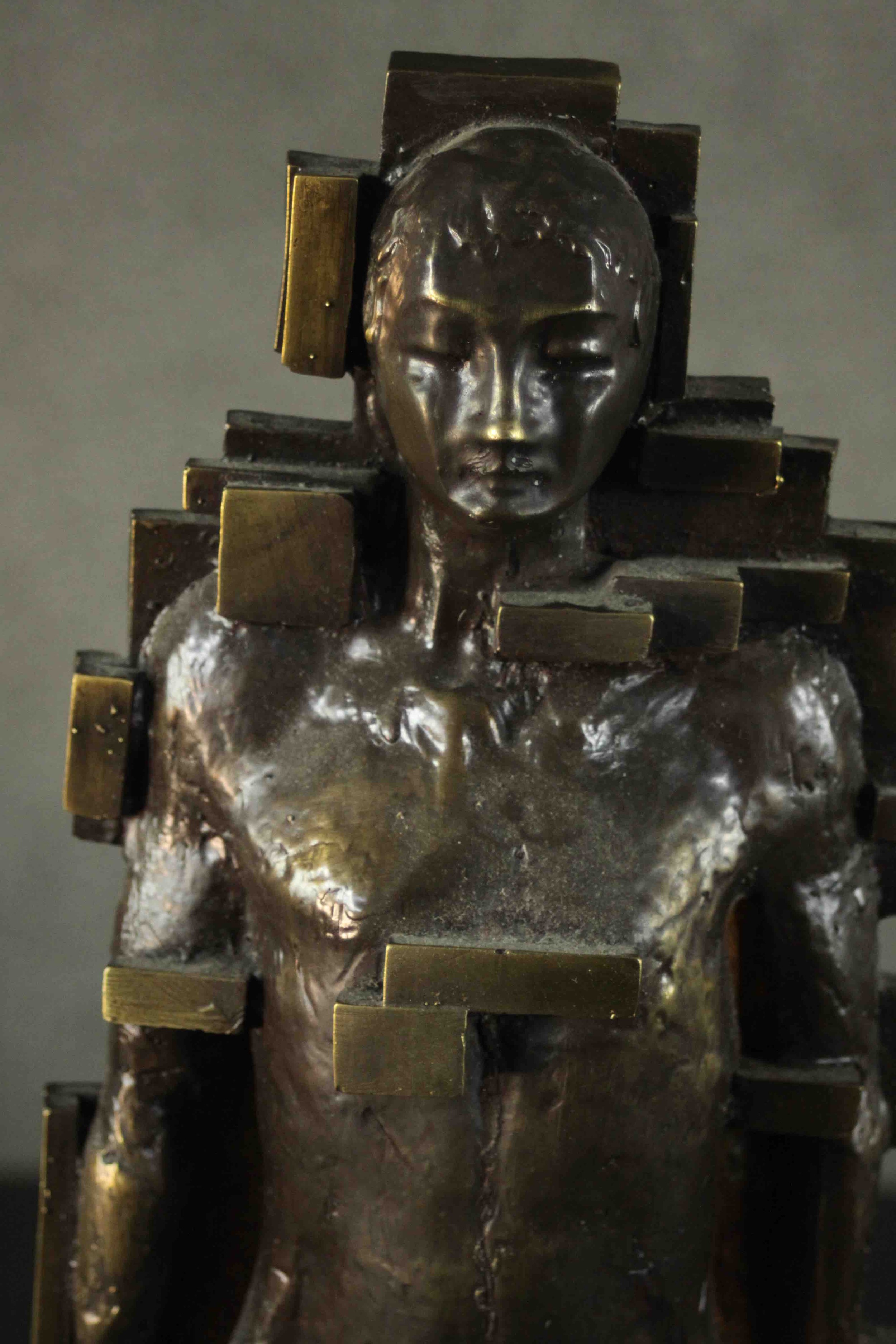 A. Gomez bronze effect brass Brutalist female figure, mounted on a marble base. H.50 W.11.5 D.11. - Image 3 of 5