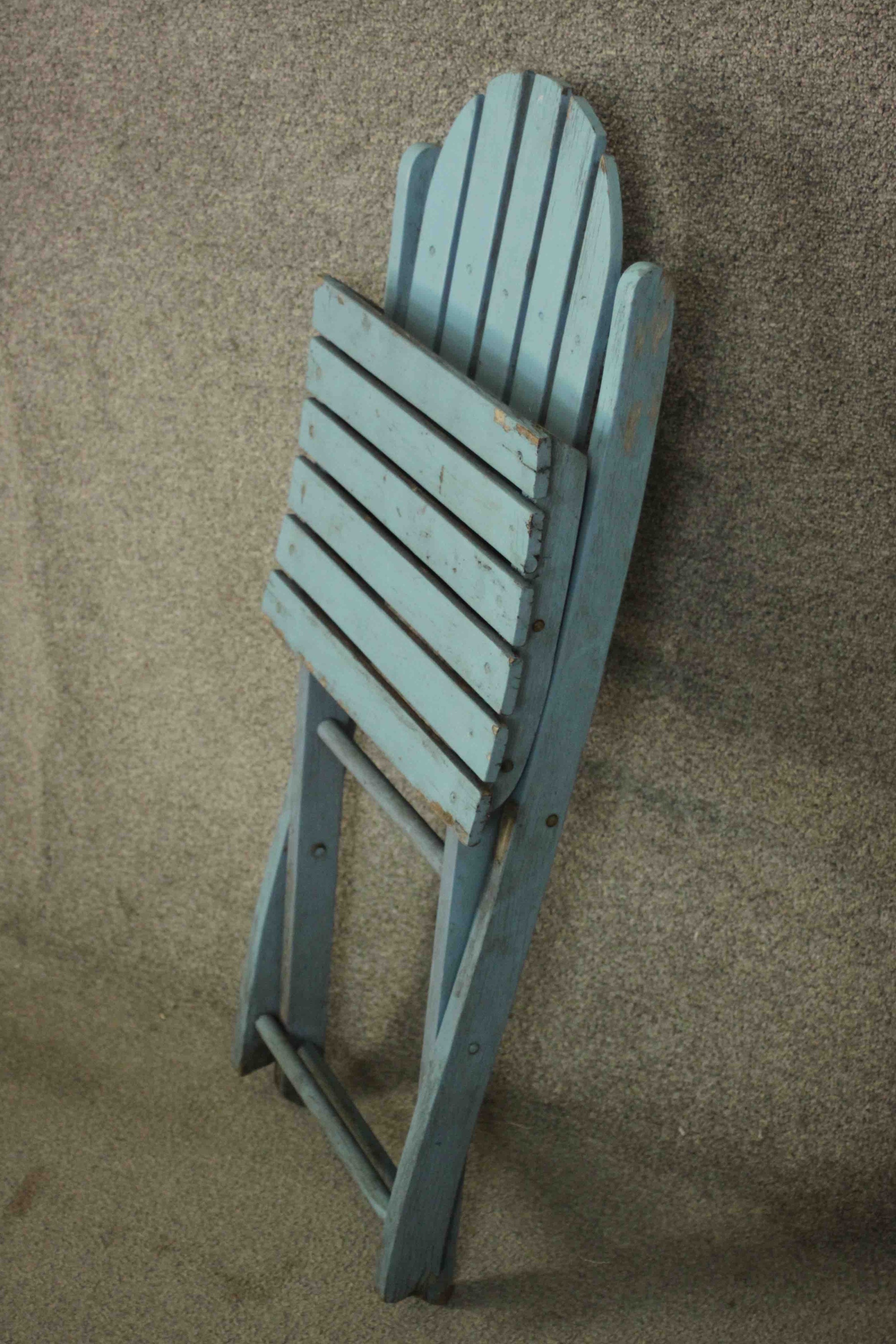 A set of four blue painted folding garden chairs with slatted backs and seats. - Image 7 of 7