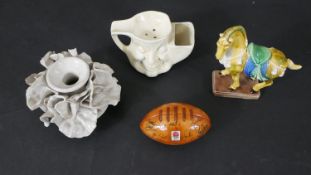 A collection of ceramics, including a Chinese Tang style ceramics horse, an art pottery candle