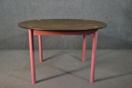 FDB Møbler, A Bjørk dining table, with a circular stained MDF top, on a pink painted base with