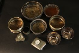 A collection of mixed silver plate, including wine coasters, bottle opener, a pair of Mappin and