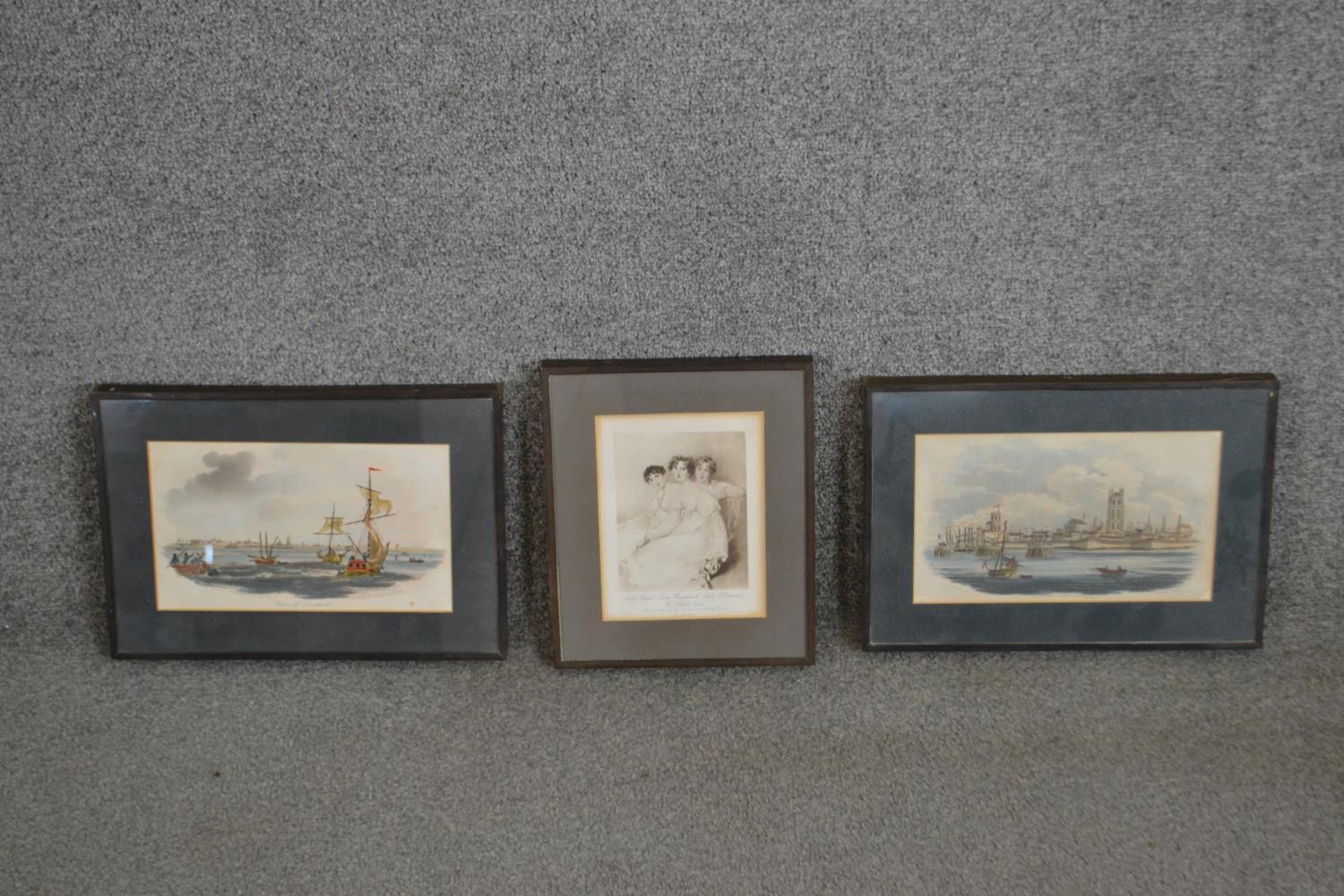 Three framed and glazed hand coloured 19th century engravings including "View of Dunkirk" and "The