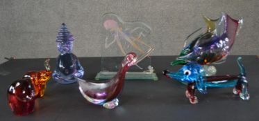 A miscellaneous collection of vintage coloured glass figures. H.29 W.20cm (largest)