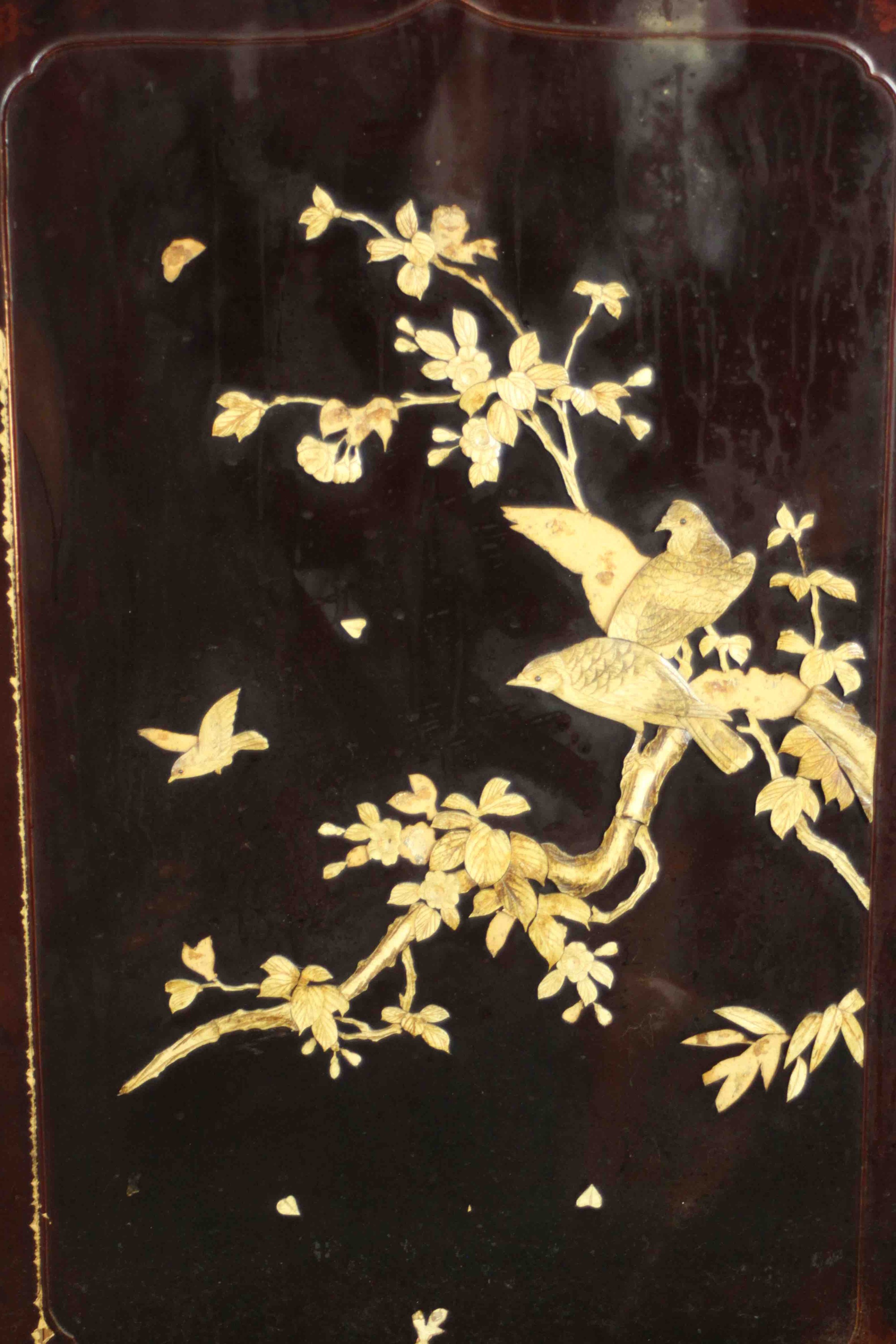A late 19th or early 20th century Japanese two fold lacquered screen with carved bone inlaid - Image 4 of 10