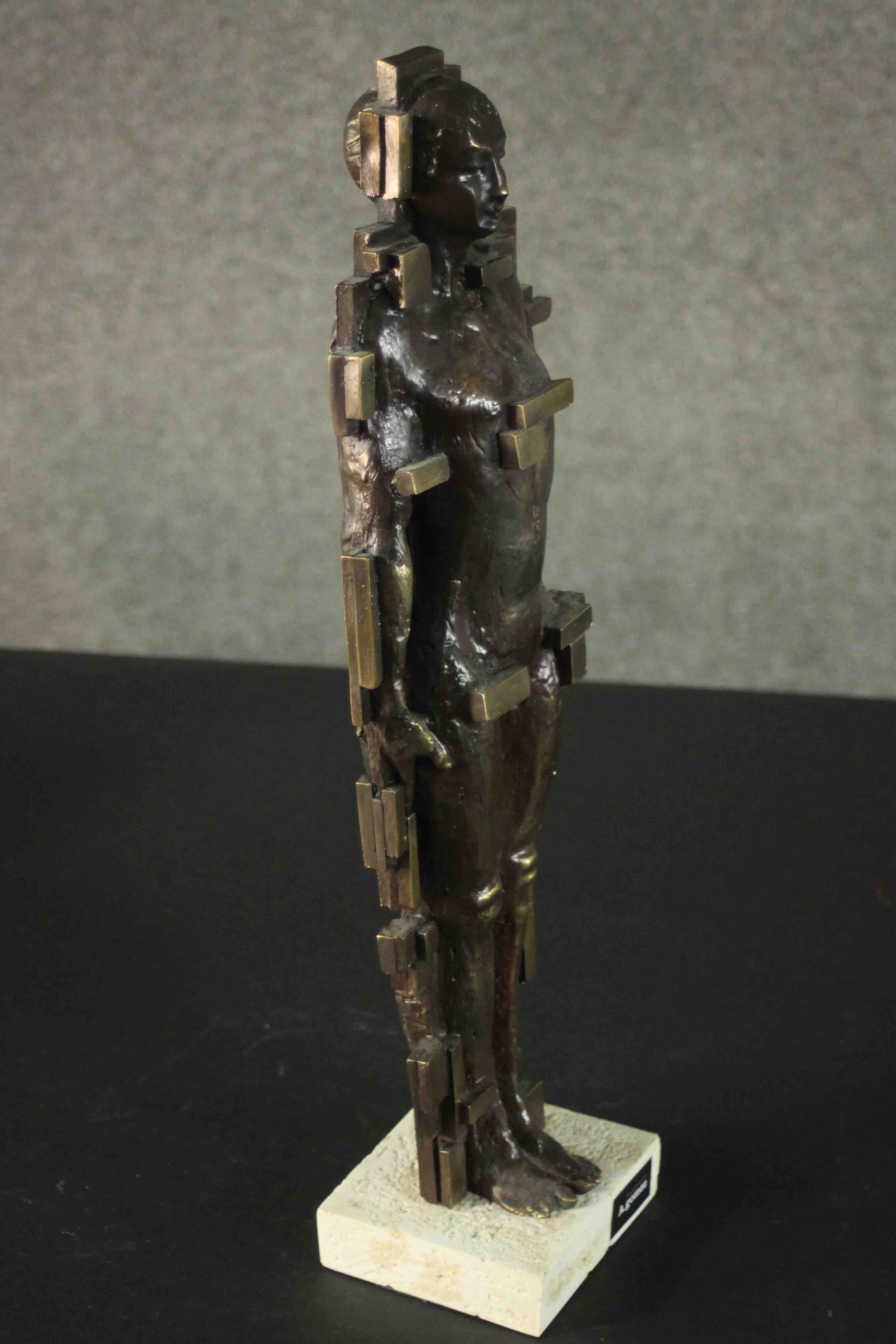 A. Gomez bronze effect brass Brutalist female figure, mounted on a marble base. H.50 W.11.5 D.11. - Image 4 of 5