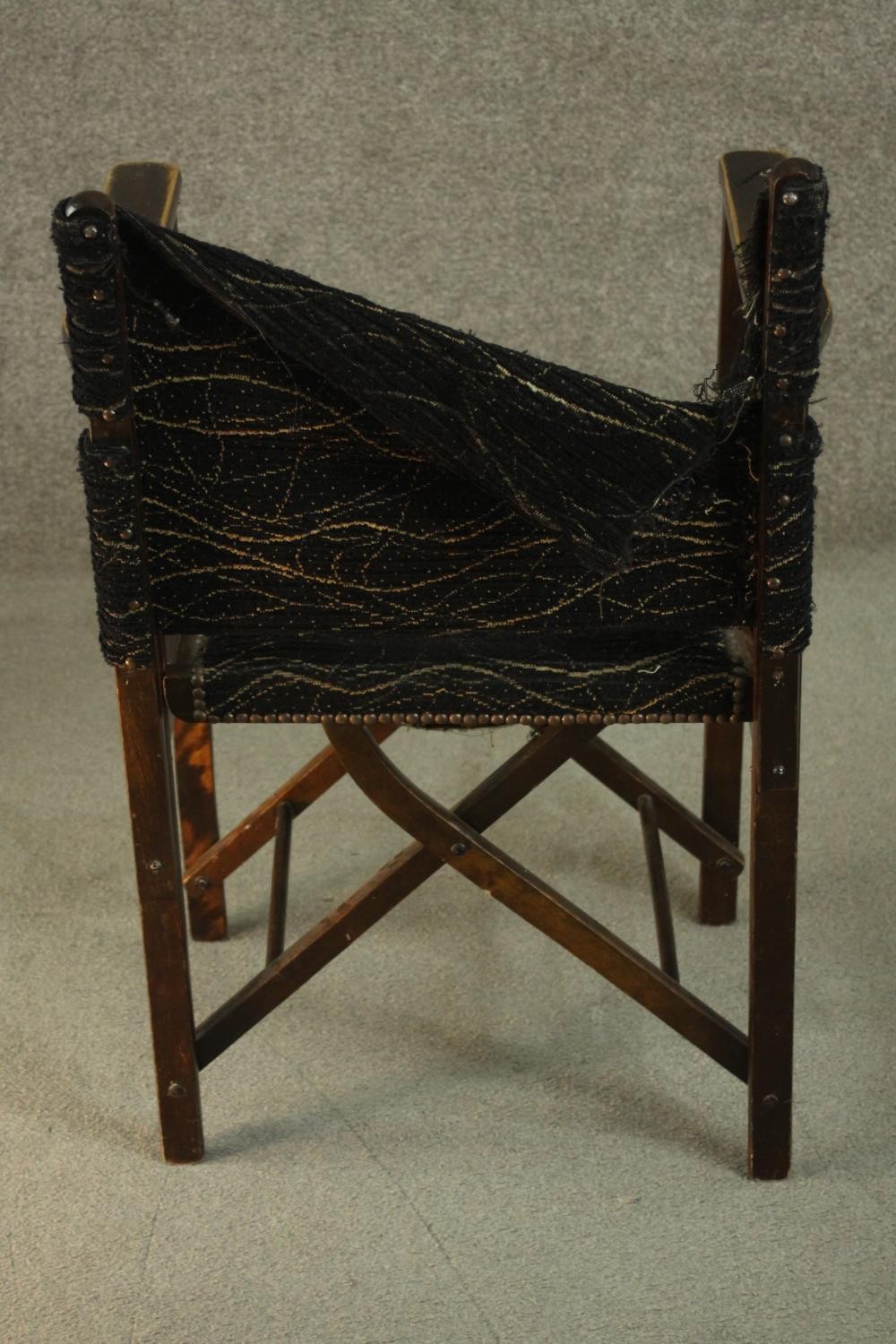 A 20th century 'Firma' folding campaign chair, upholstered in black fabric (damaged), made at the - Image 5 of 8