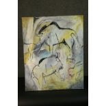 An unframed oil on canvas, cave painting style animal figures, signed Ken Smith with label to