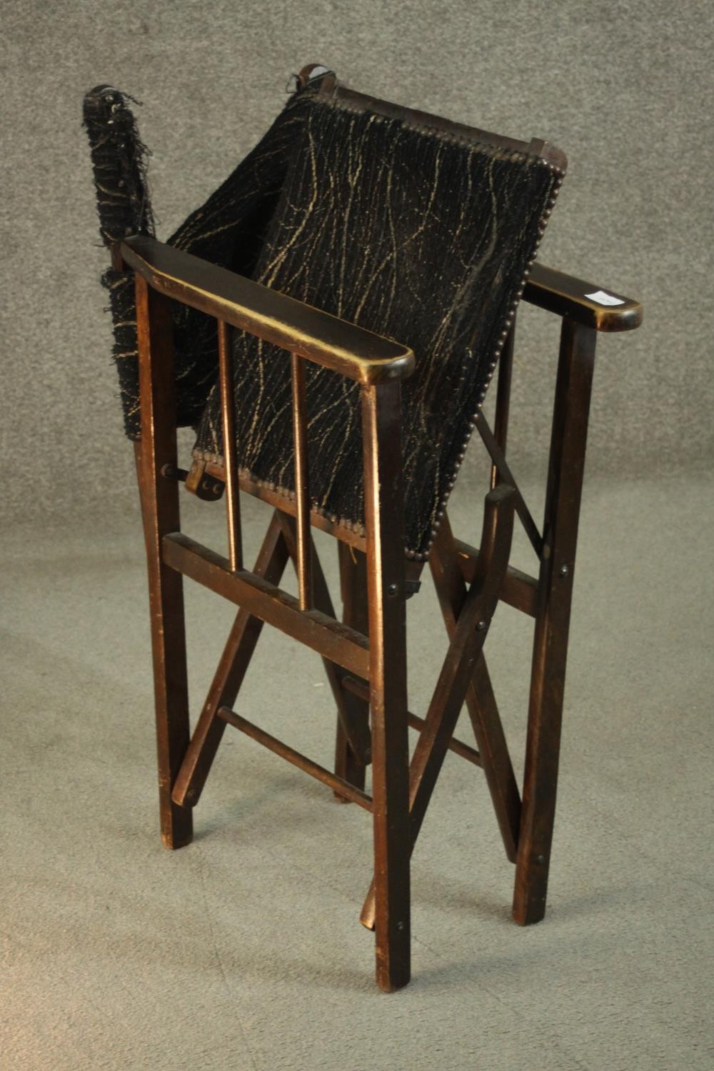 A 20th century 'Firma' folding campaign chair, upholstered in black fabric (damaged), made at the - Image 7 of 8