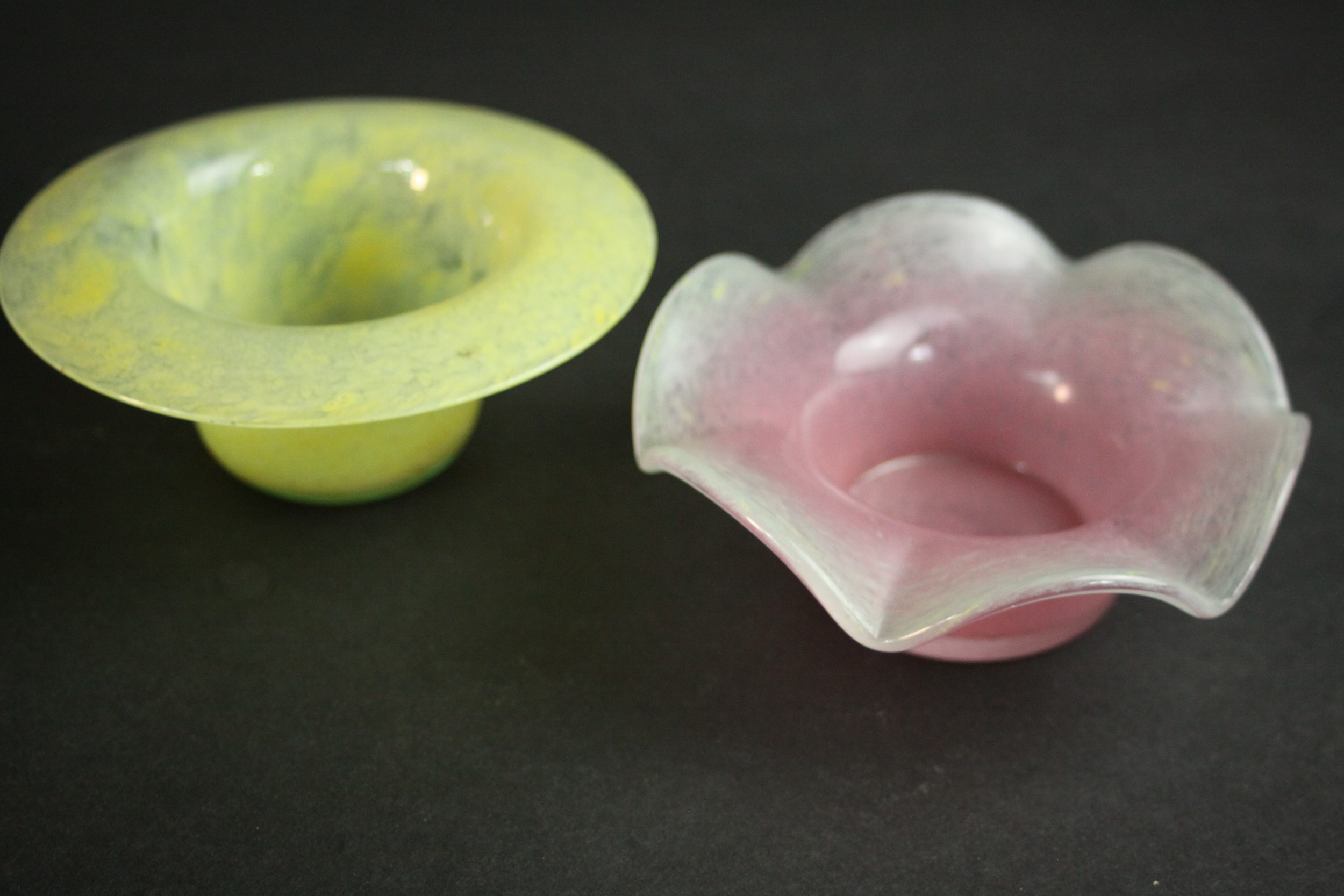 A collection of nine marble pink and yellow art glass dishes. Some signed Vasart. H.6 Dia.16cm.( - Image 8 of 9