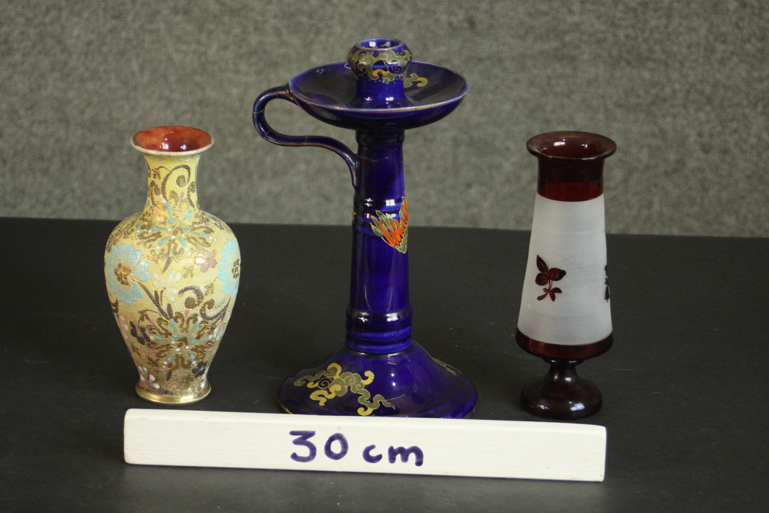 A Doulton Lambeth slater vase with floral design, a Woods Golden Moon painted candle stick and a - Image 2 of 8