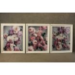 A very large photographic print tryptic of pink purple flowers studded with gems and diamonds. H.105