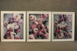 A very large photographic print tryptic of pink purple flowers studded with gems and diamonds. H.105