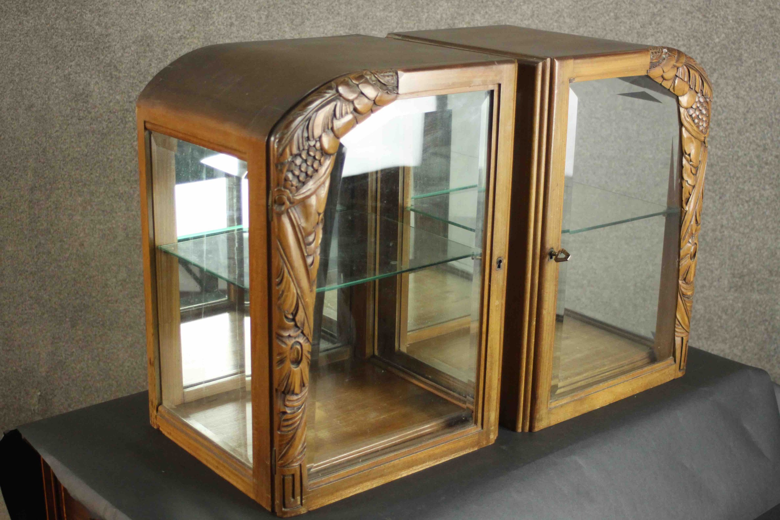 A pair of French 1940s walnut display cabinets, each with a single glazed door, and glazed sides, - Image 7 of 12