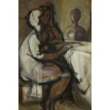 After John Melville (1902 - 1986), a large framed oil on canvas, titled 'seated woman with