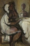 After John Melville (1902 - 1986), a large framed oil on canvas, titled 'seated woman with