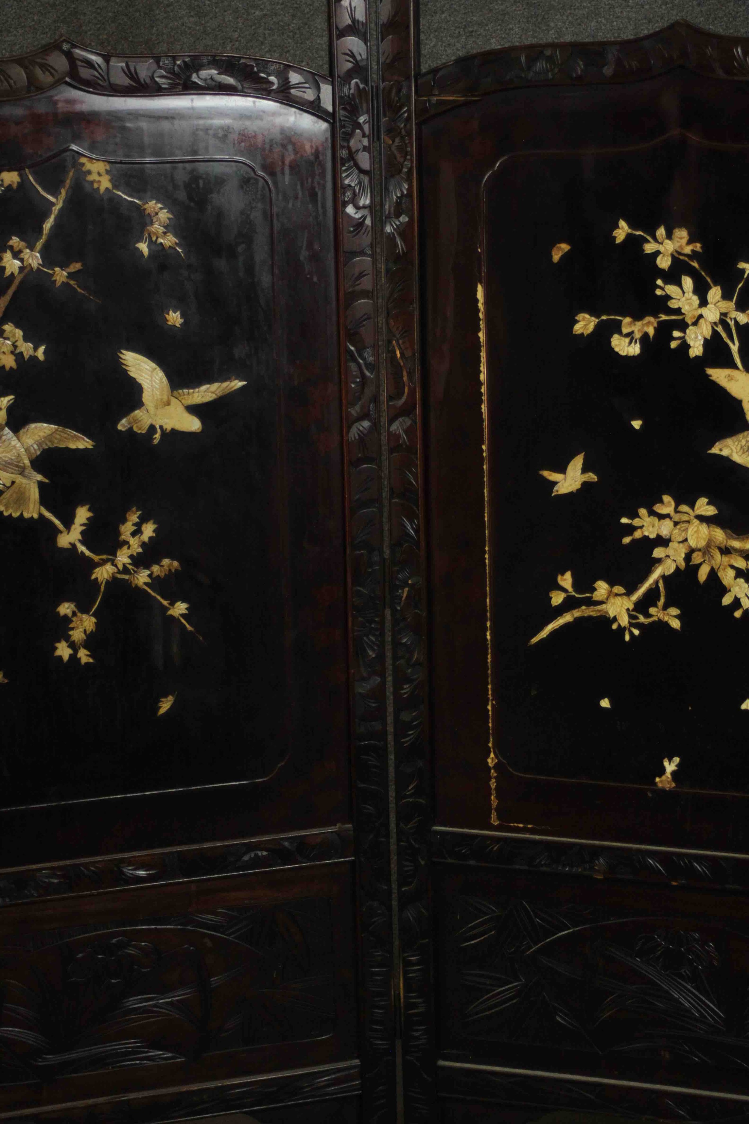 A late 19th or early 20th century Japanese two fold lacquered screen with carved bone inlaid - Image 3 of 10