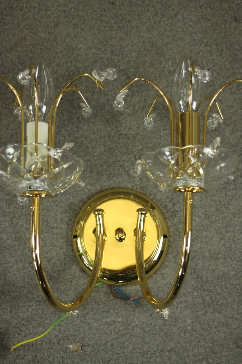 A set of three contemporary gilt brass and Spectra Swarovski crystal two branch wall lights designed - Image 7 of 7