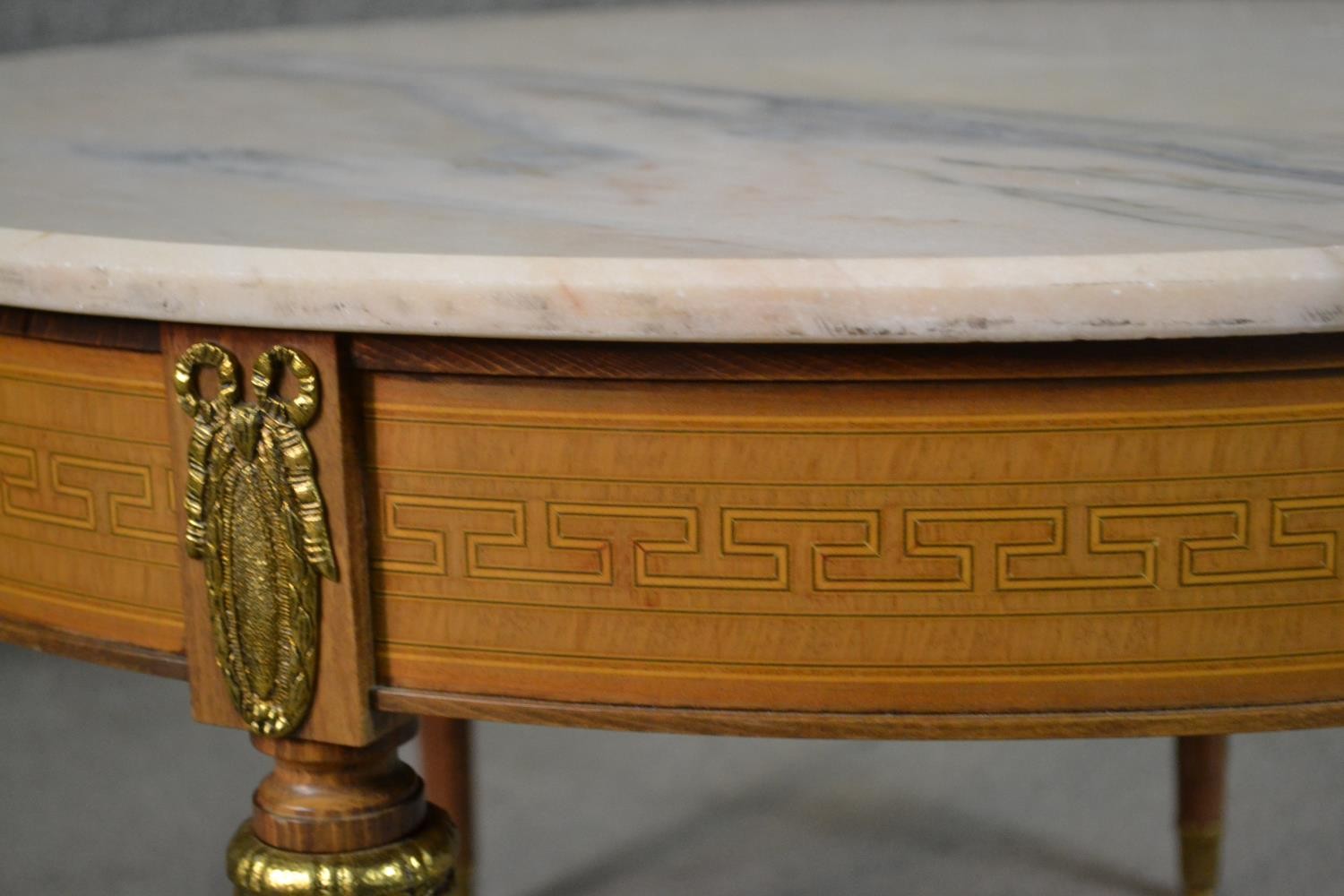 A Louis XIV style circular coffee table, with a marble top over a marquetry key frieze, on - Image 4 of 5