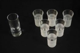 Two sets of six contemporary Salviati Italian glass 'Dune' shot glasses, with engraved decoration,