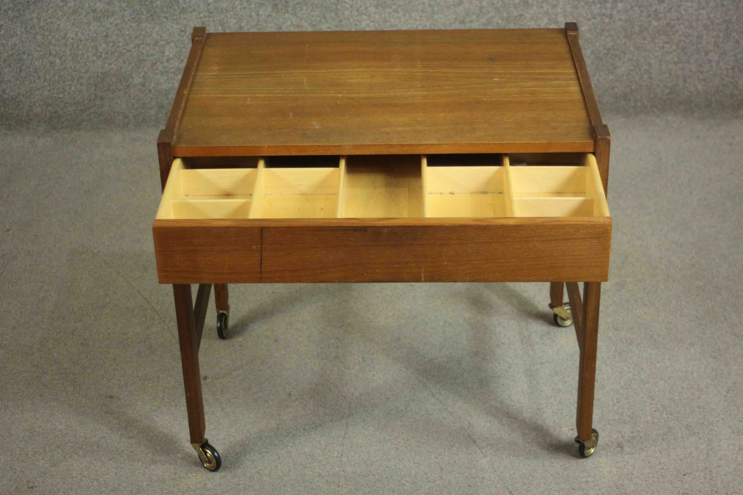 A circa 1960s Danish Vitze teak sewing table, of rectangular form with a fitted drawer, over a well, - Image 5 of 10