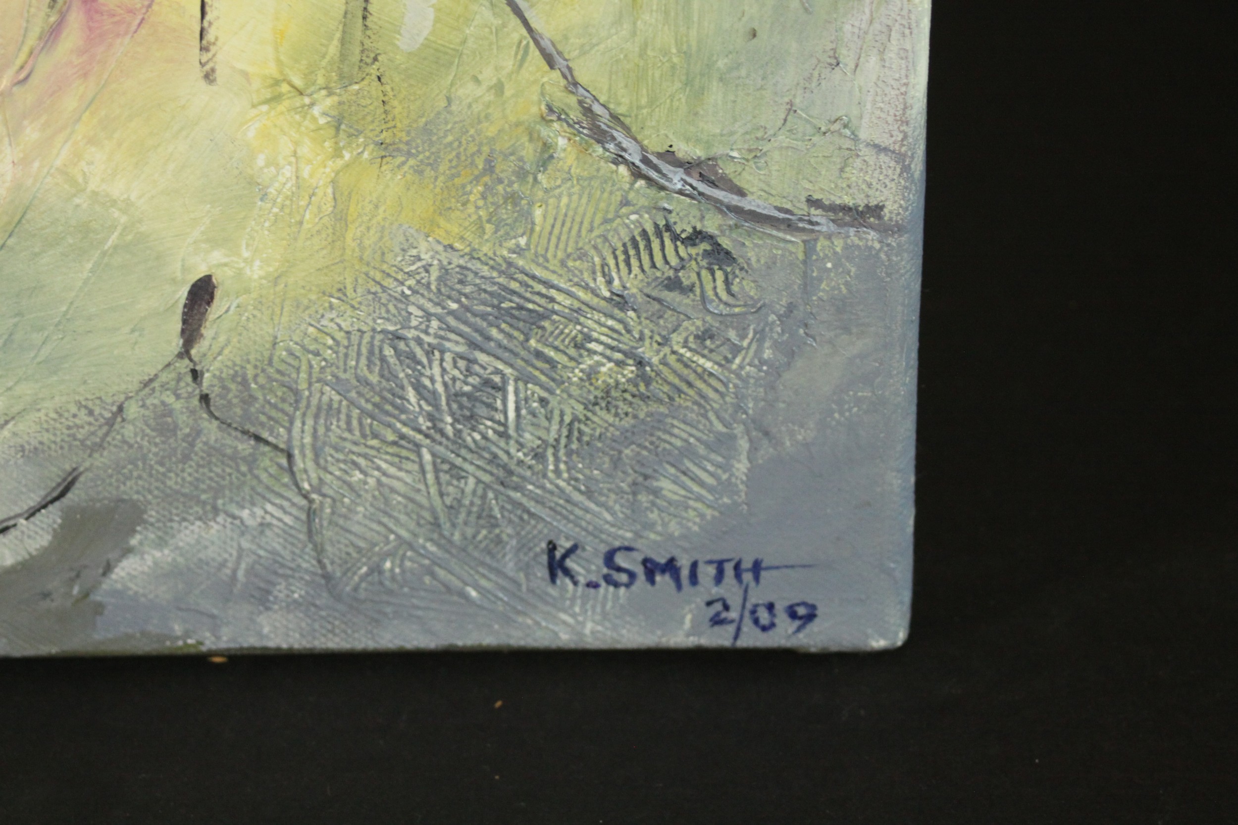An unframed oil on canvas, cave painting style animal figures, signed Ken Smith with label to - Image 3 of 7