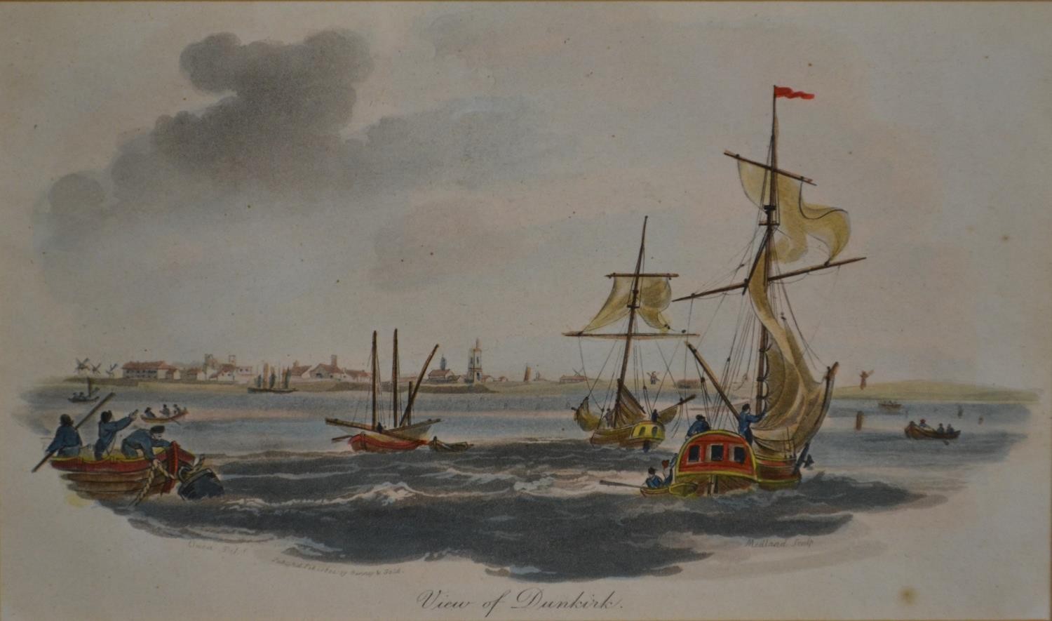 Three framed and glazed hand coloured 19th century engravings including "View of Dunkirk" and "The - Image 2 of 5