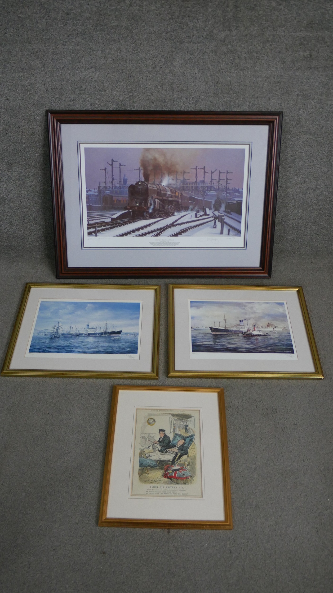 Four framed and glazed prints, including two R G Lloyd limited edition signed prints of Steamship